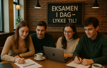 Studenter som sitter på en kafe. KI generert bilde.