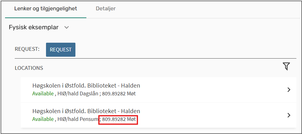 Skjermbilde med informasjon om plasseringen til en bok i biblioteket