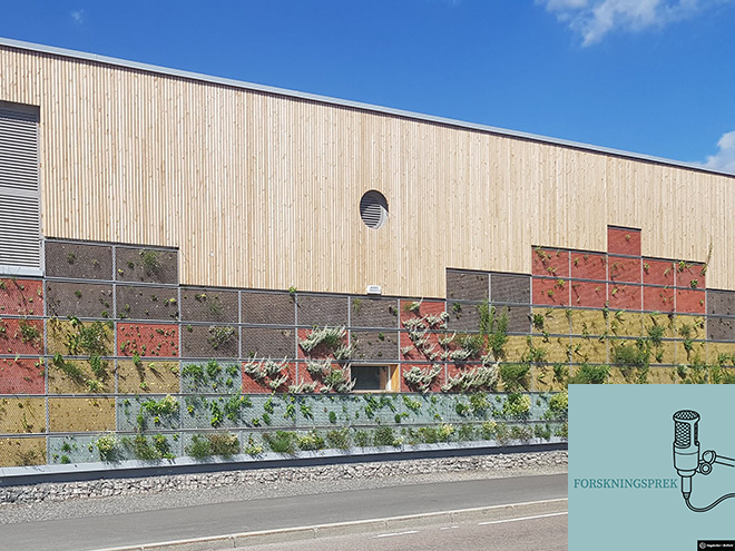 Bildet av et bygg med store plantekasser på veggene som skal tiltrekke seg regnvann. 