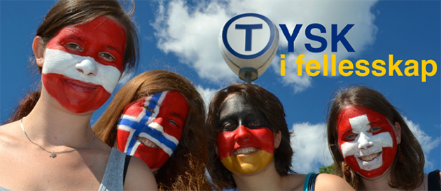 4 smilende jenter med norsk, sveitsisk, østerriksk og tysk flagg malt på ansiktet