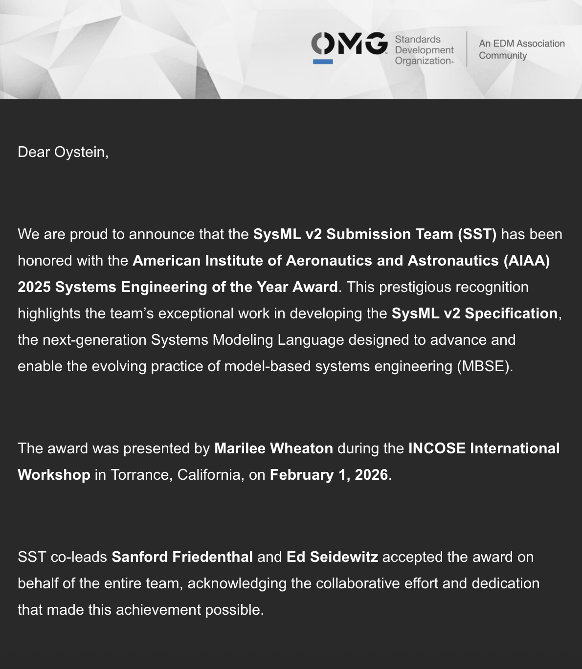 text announcing the 2025 Systems engineering award from the AIAA