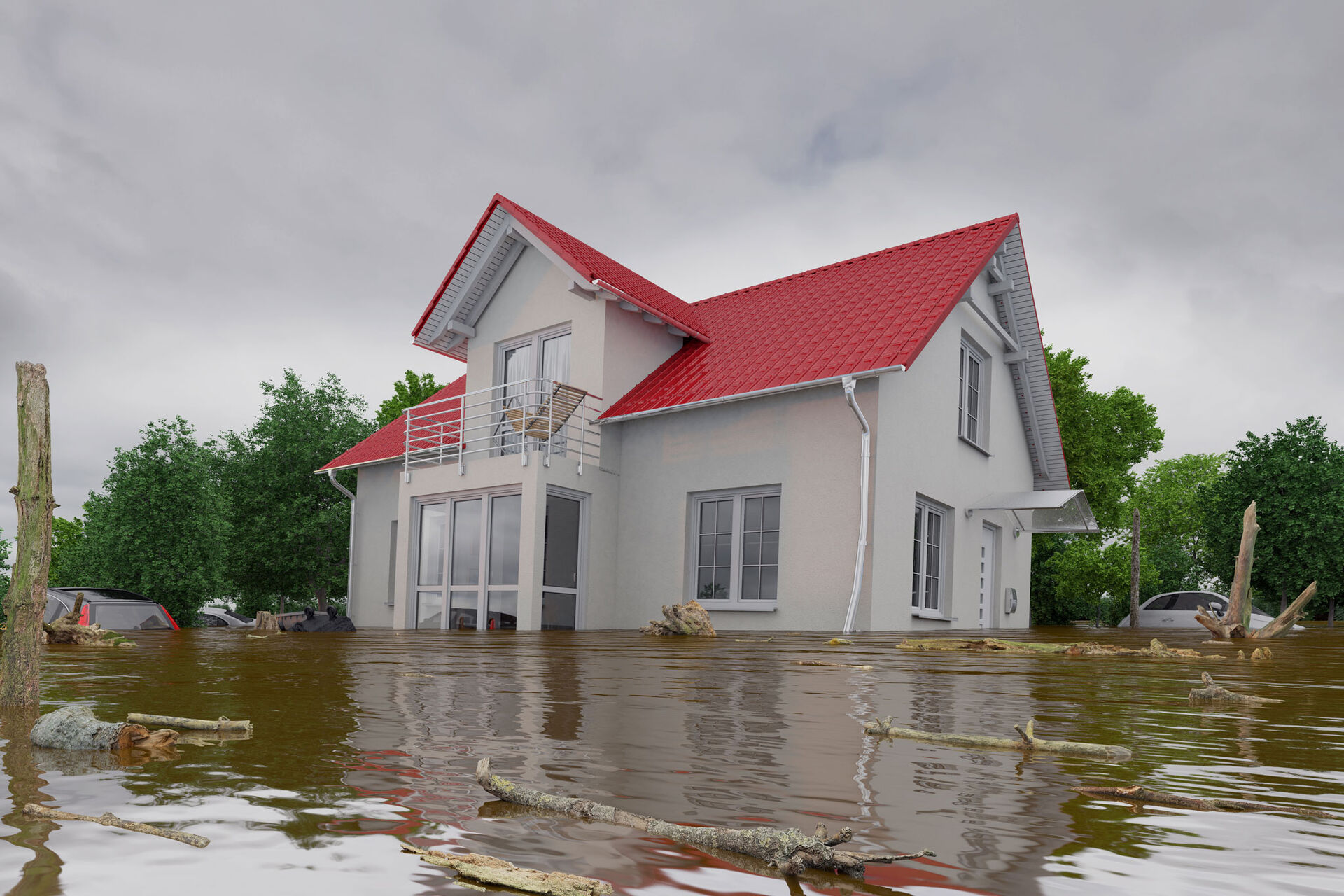 Bilde av flomrammet hus. 