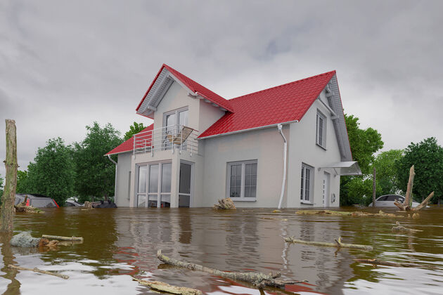 Bilde av flomrammet hus. 