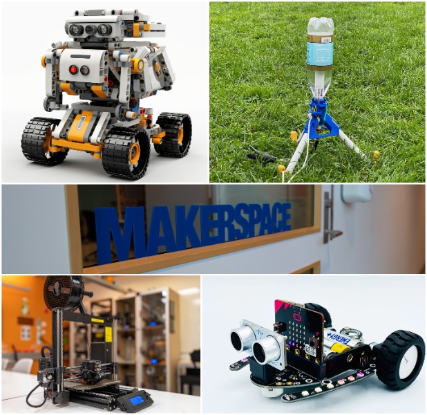Barn og unge deltar i teknologiske aktiviteter i et makerspace, med utstyr som roboter, datamaskiner og VR, i et sosialt og læringsorientert miljø.