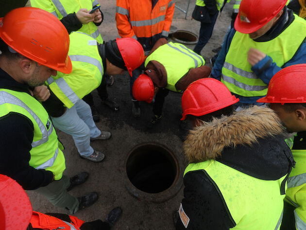 Bilde viser en gruppe ingeniørstudenter som studerer en kum i bakken. 