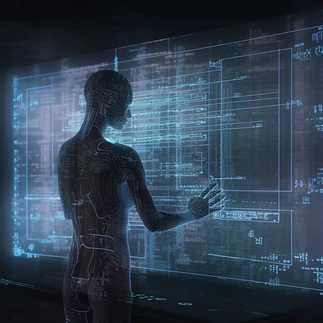 En AI person som ser på data i en database