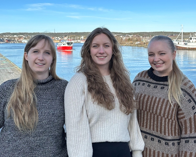De tre prosjektmedlemmene står på bryggekanten med byfergen i Fredrikstad i bakgrunnen.