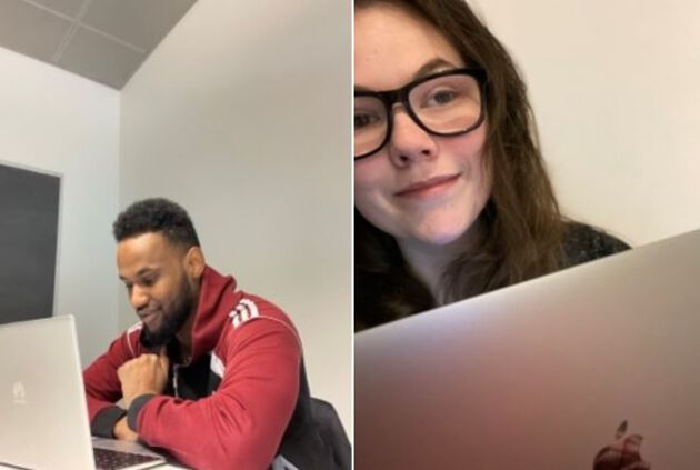 De to prosjektdeltakerne sitter foran hver sin laptop.