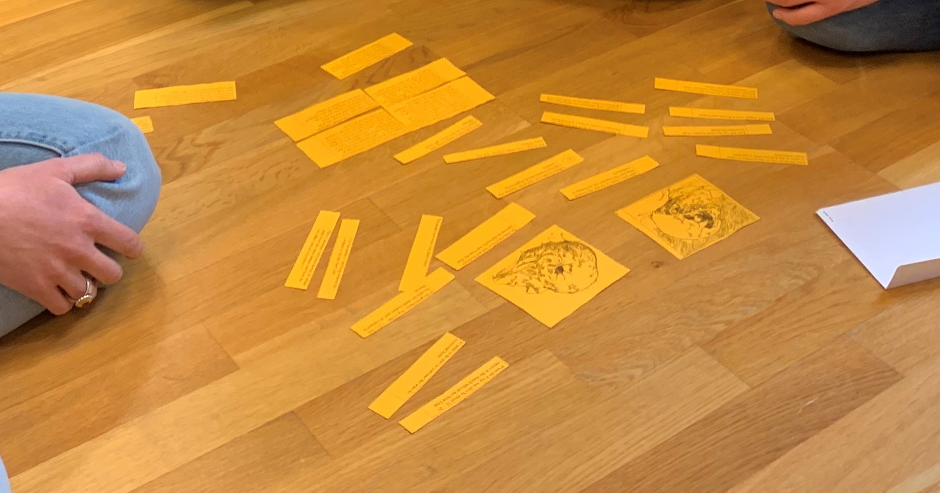 The picture shows pieces of paper lying on the floor. 