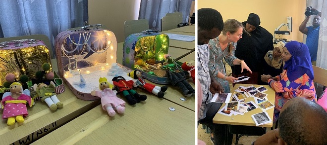 The picture consist og two photos. The first shows students work with storybox. It shows three tiny children suitcases, with painting, lightening and smaal dolls illustrating a particular story. In the photo in the right six persons are doing workshop. They are sitting and standing around a table with several photos. A man is standing behond filming the group. 