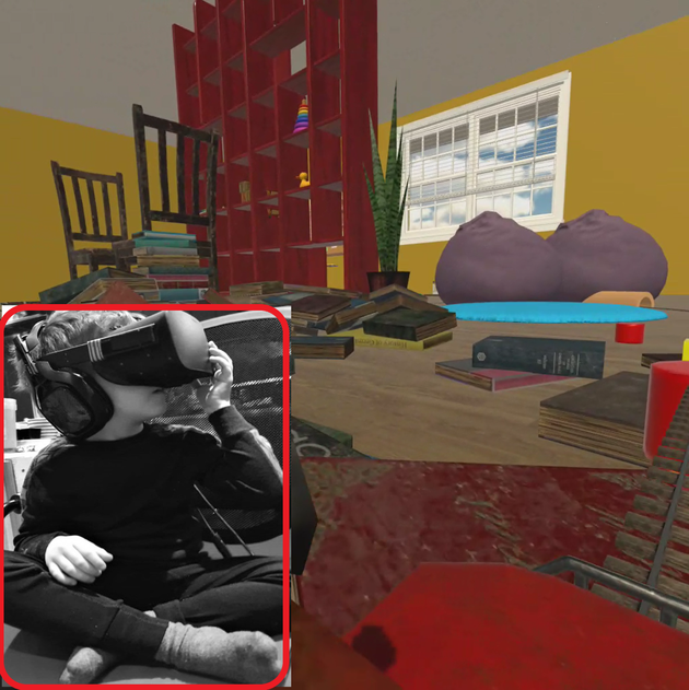 Picture of a child's playing area with a child looking into VR-goggles.