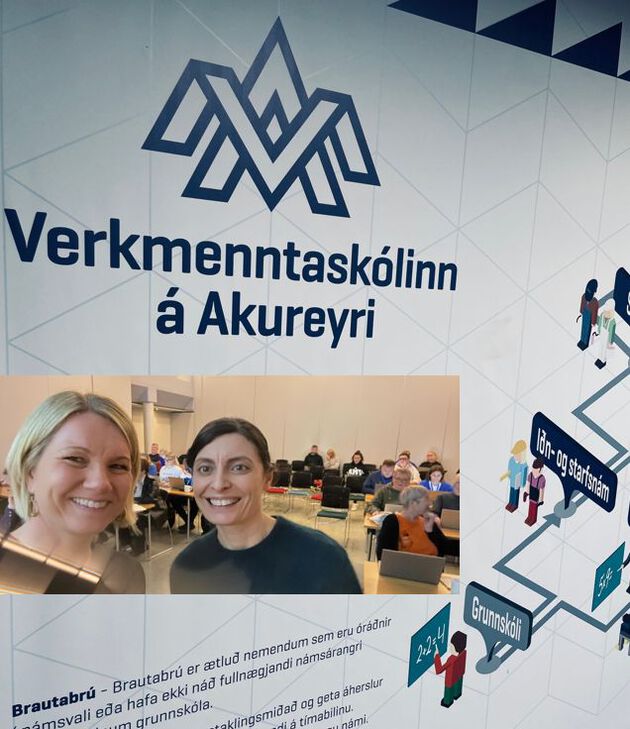 Logo of Akureyri vocaltional school and picture of Stine Brynildsen and Sonja Nygaard-Joki