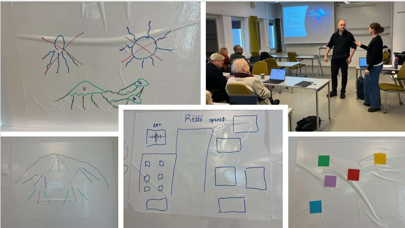 Assembly of 5 pictures. One shows a classroom scene and the other the metaphors from the workshop: a jellyfish, an apartmenthouse, islands, a ski slope.