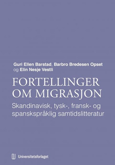 The photo shows the cover of the book "Fortellinger om migrasjon" (Narratives og migration).