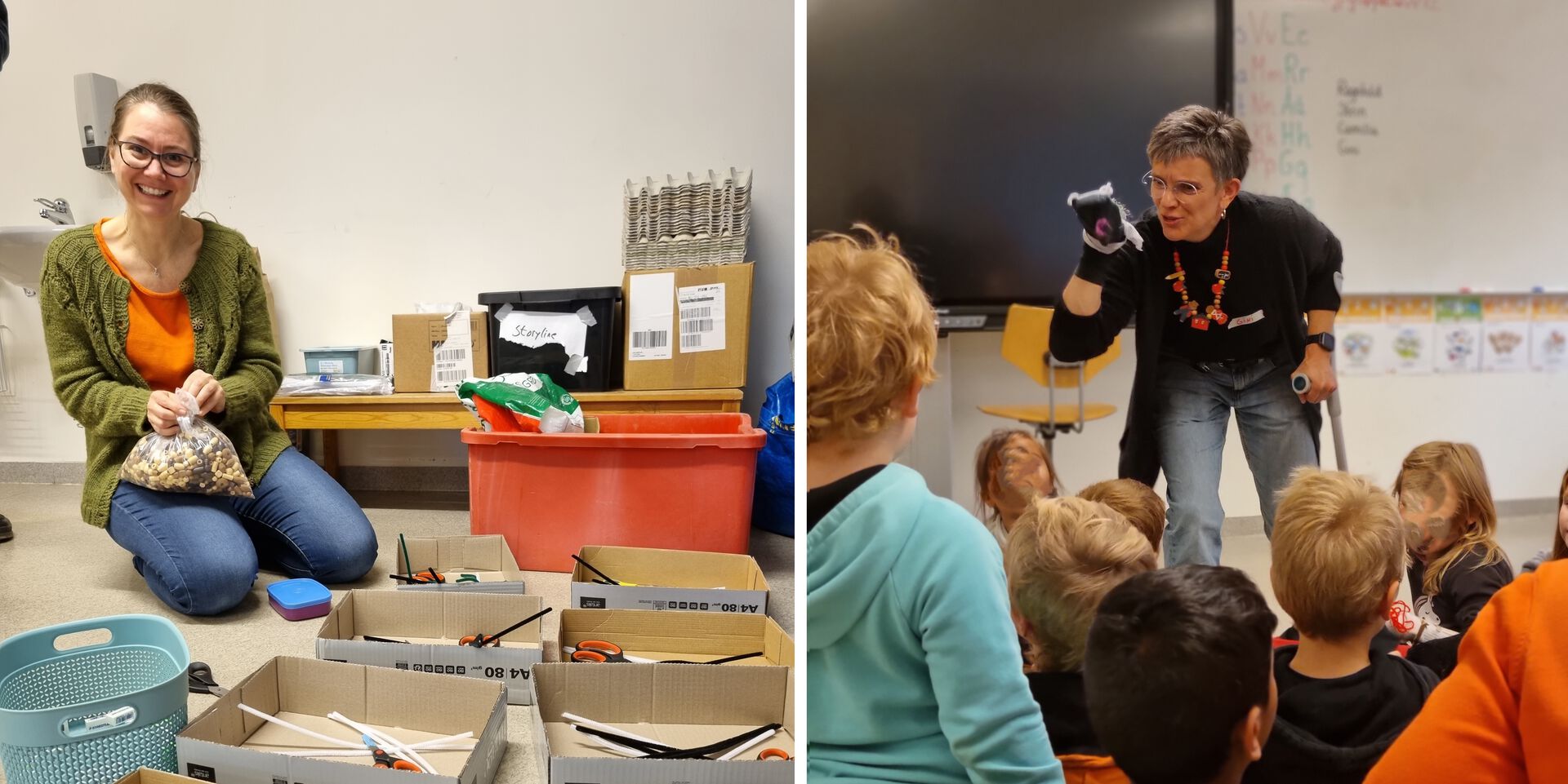 Bildet er sammensatt av to bilder. På venstre bildet forberede Ragnhild Næsje en økt med storyline. På bildet til høyre er Virigina Lockhart-Pedersen i aksjon foran en barneskoleklasse.
