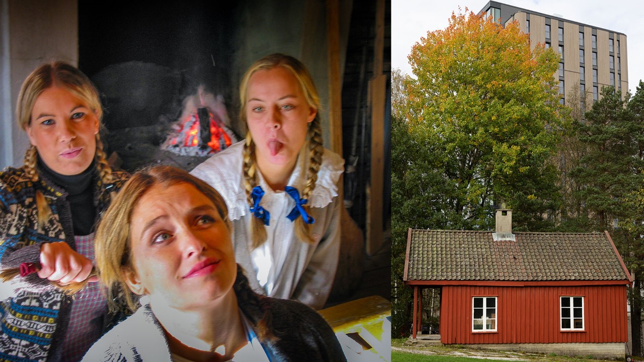 bildet viser rollespill i den gamle skolestua, som står bak høgskolen i Halden