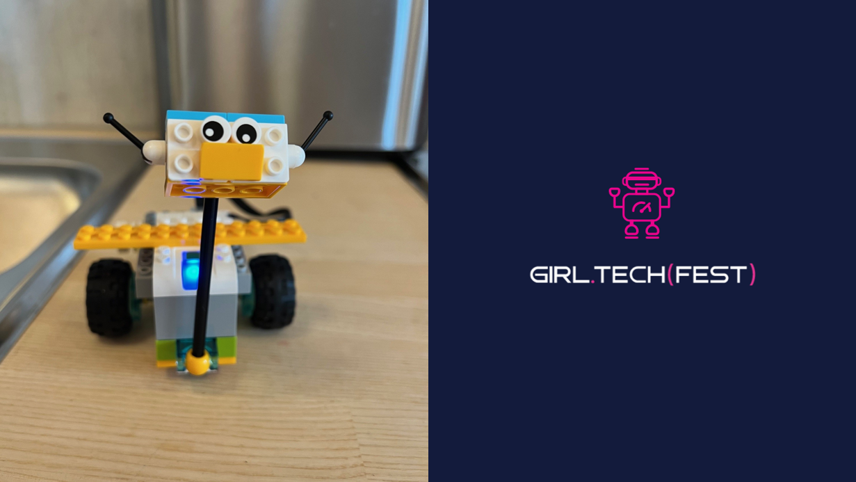 Logoen til Girl Tech Fest (Rosa robot) på mørkblå bakgrunn