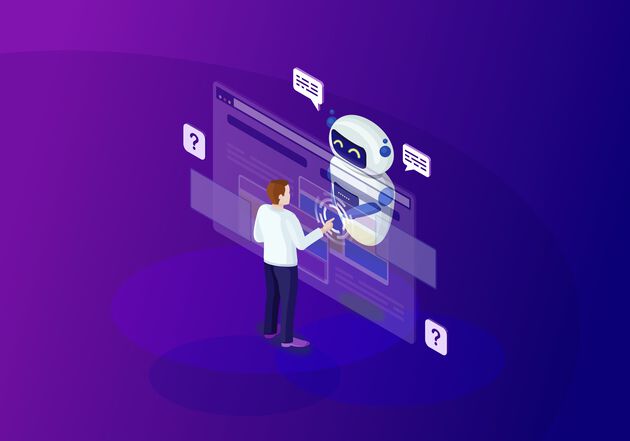 Illustrasjon av et menneske som trykker på skjerm med en robot bak