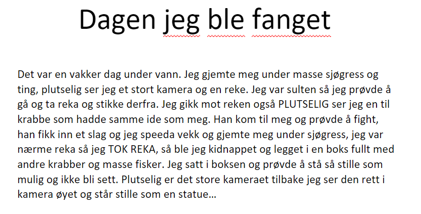 Utdrag fra elevfortelling fra krabbeperspektiv der krabben vet hva et kamera er.