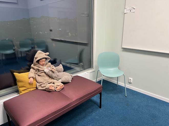 Biletet viser ein sofa med ei dukke på midten. Bak sofaen er et stort vindauge, med innsyn frå eit tilstøtande rom.