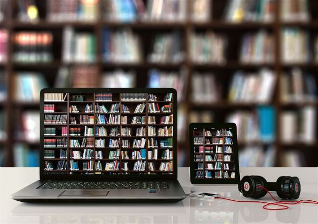 Dekorativt bilde som viser datamaskin og nettbrett med bøker på skjermen.