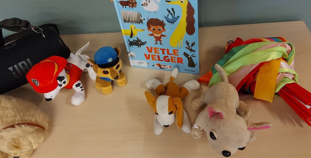Bildet viser en barnebok, "Vetle velger", og rekvisitter (deriblant et utvalg bamser/tøyfigurer) som ble brukt under høytlesingen.