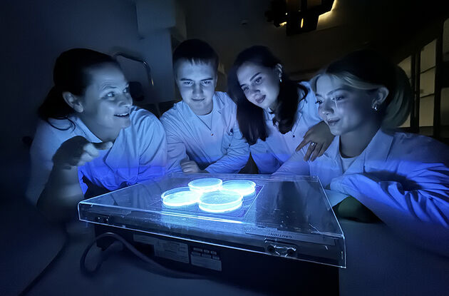 Bildet viser en gruppe biostudenter og en lærer samlet på en lab der de studerer finn som ligger samlet i glasskåler på en opplyst bordplate.  