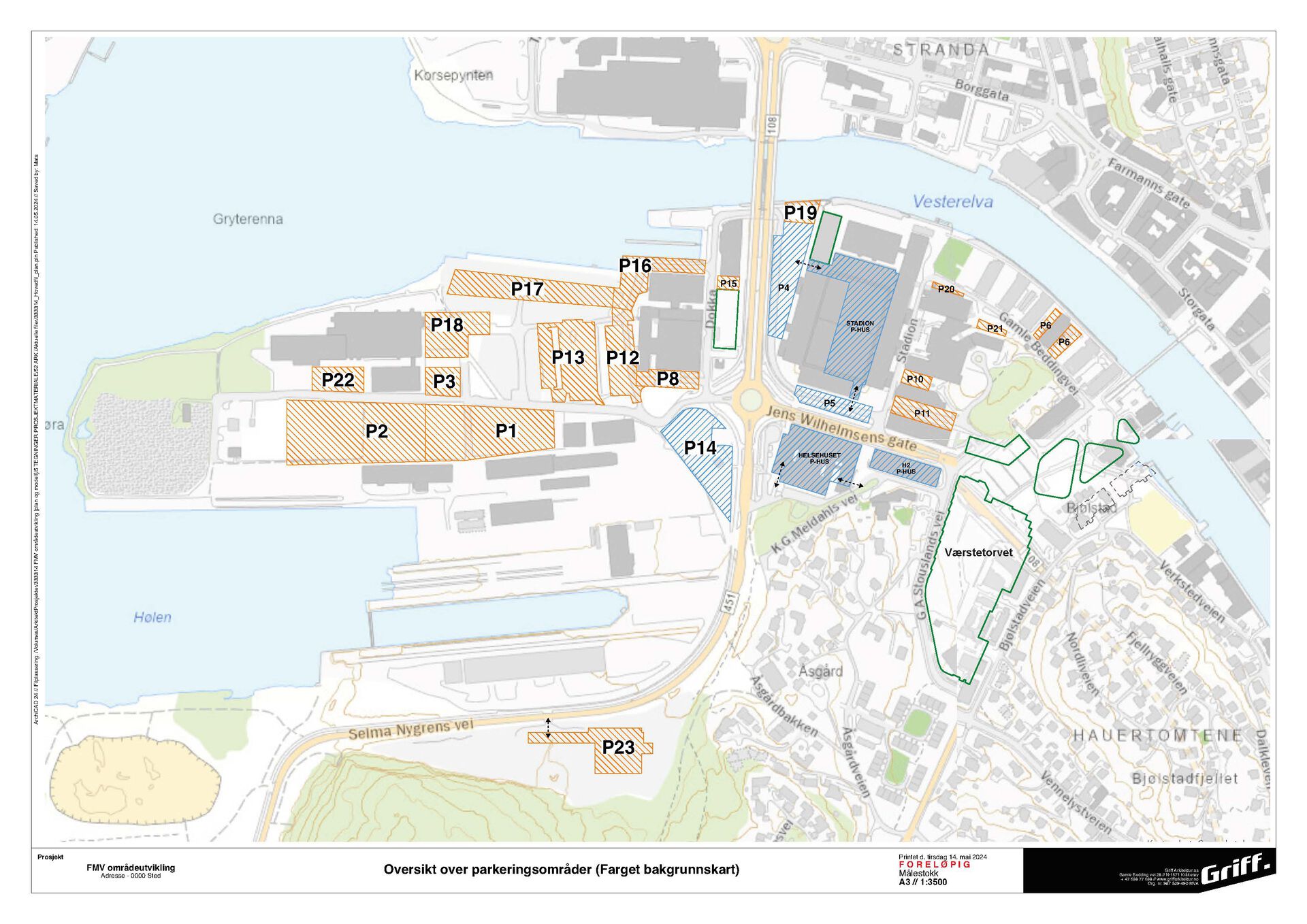 Kart over parkeringsområdet. Området P1 - ansatte er markert i blått, P2 - studenter er markert i grønt