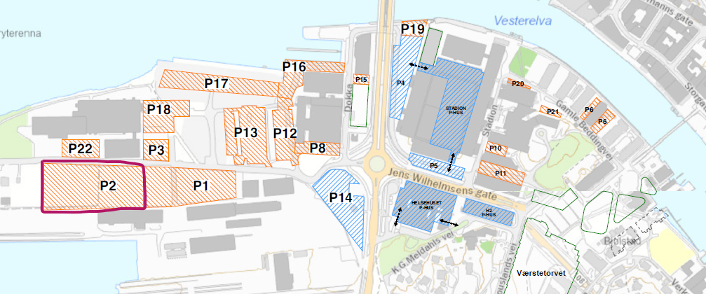 Kart over parkeringsområdet. Området P1 - ansatte er markert i blått, P2 - studenter er markert i grønt