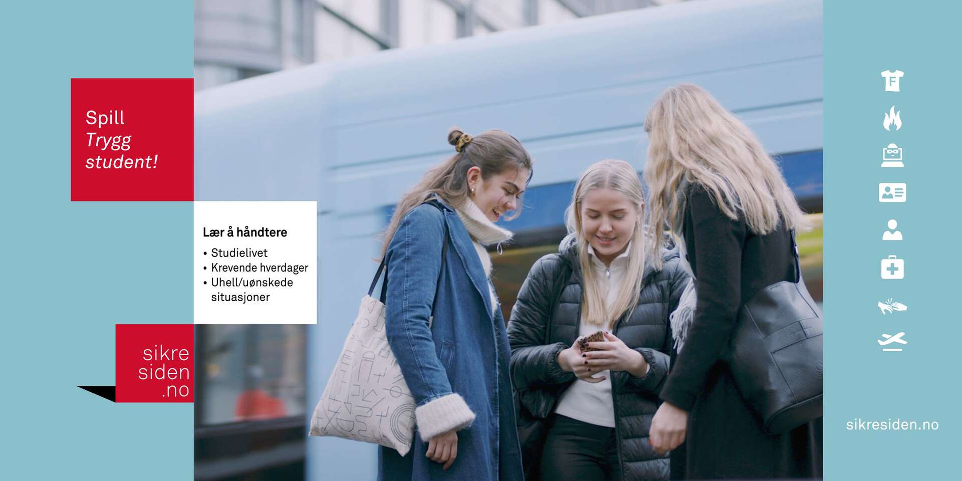 Illustrasjon for Trygg student, med informasjon om hvordan studenter kan mestre studiehverdagen, håndtere ulykker og uønskede hendelser og finne hjelp når de trenger det.
