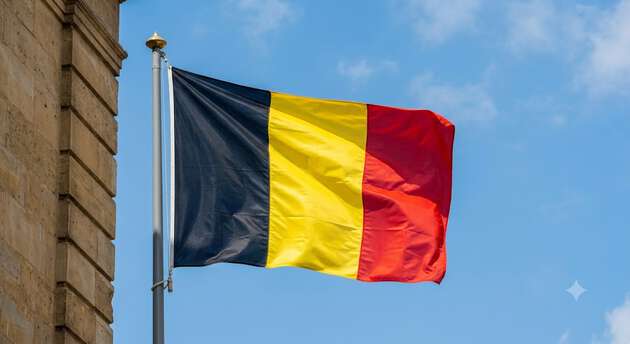Belgisk flagg blå himmel murvegg