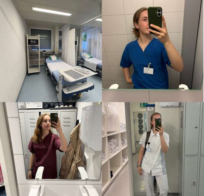 Selfies av studenten på jobb
