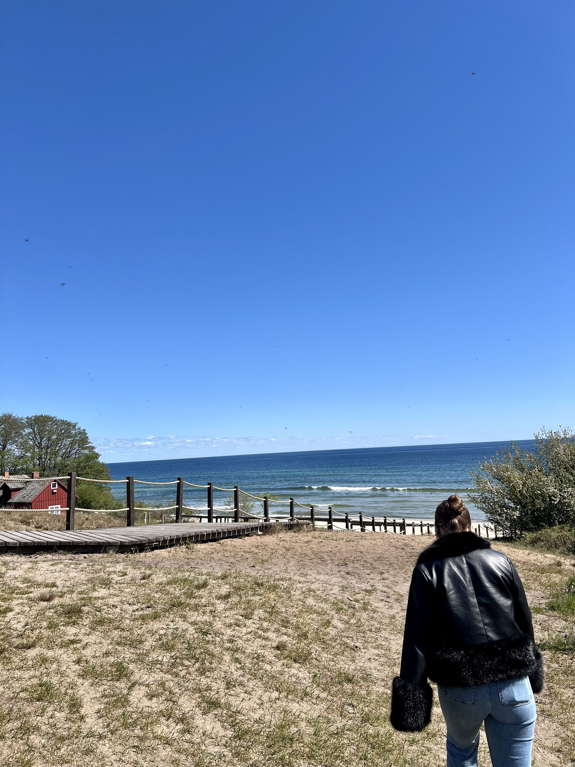 blå himmel vann sand jente svart skinnjakke