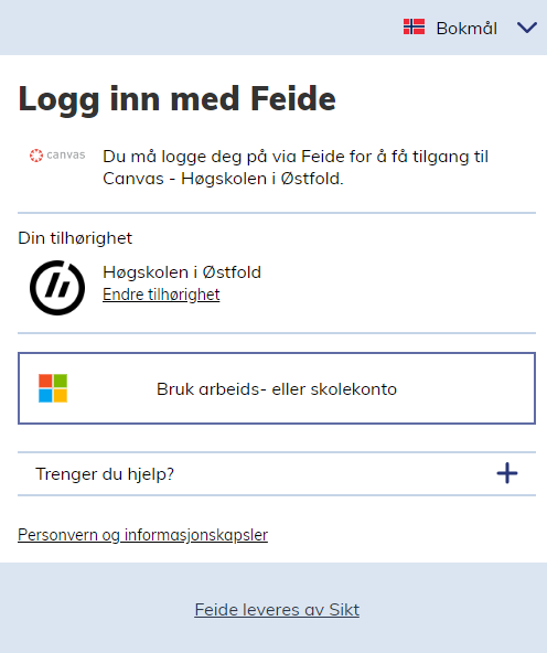 Bilde som viser knapp "Bruk arbeids- eller skolekonto" i Feide