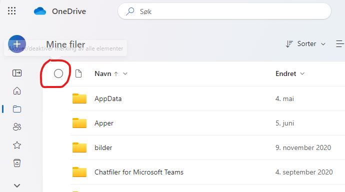 Skjermbilde som viser plassering for "Merk alle"-boks i OneDrive