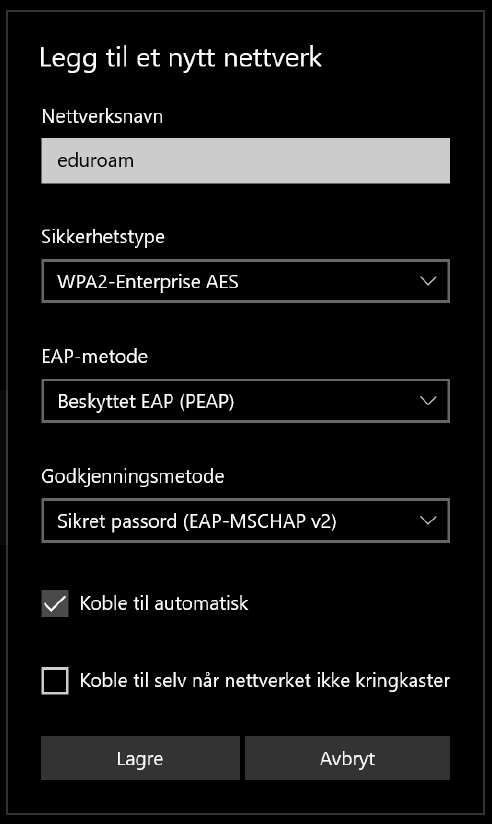 Viser riktig informasjon i dialogboksen for oppsett av eduroam på nytt