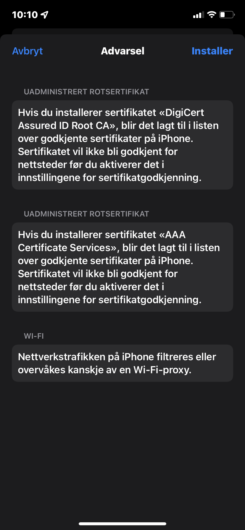 Bilde som viser advarsel for installasjon av profil