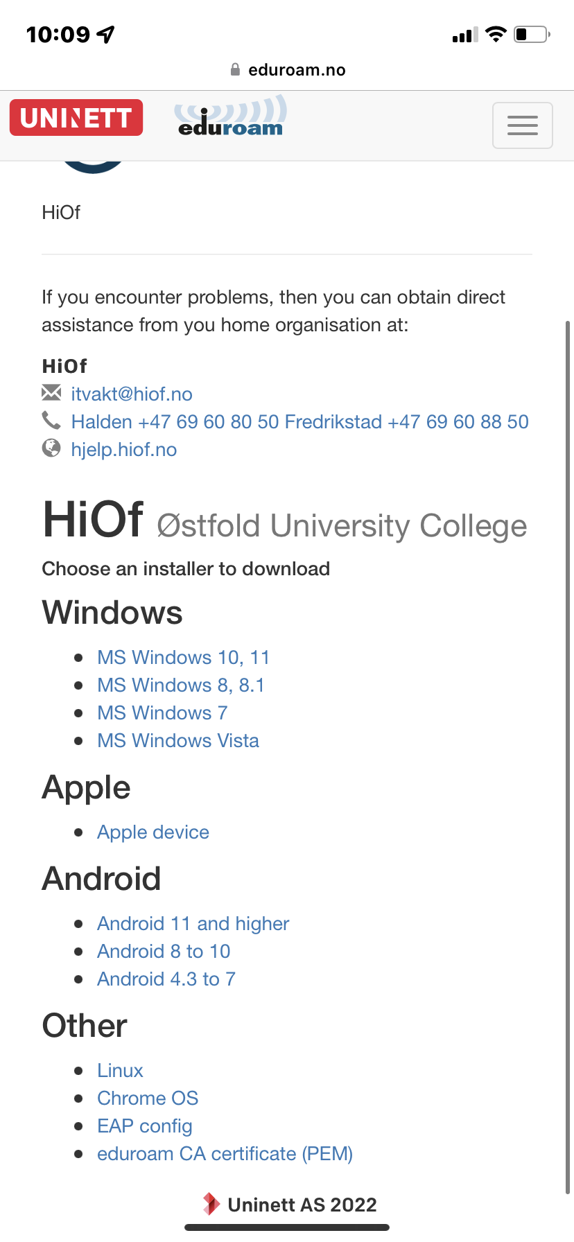 Viser nedlastningssiden for eduroam profiler