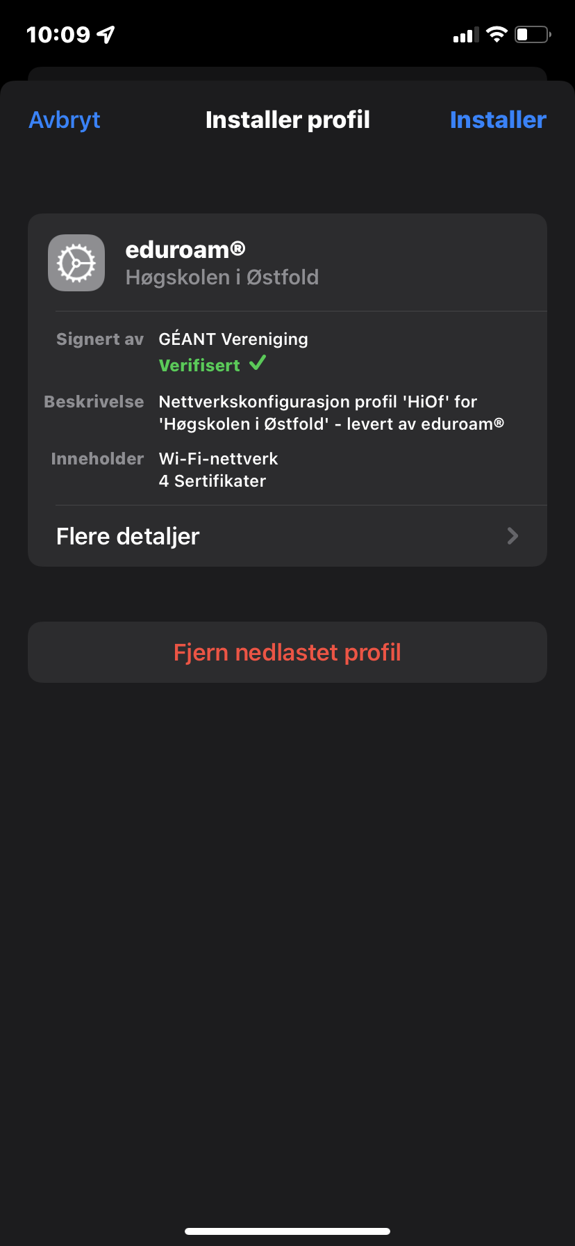 Bilde som viser "Installer profil"