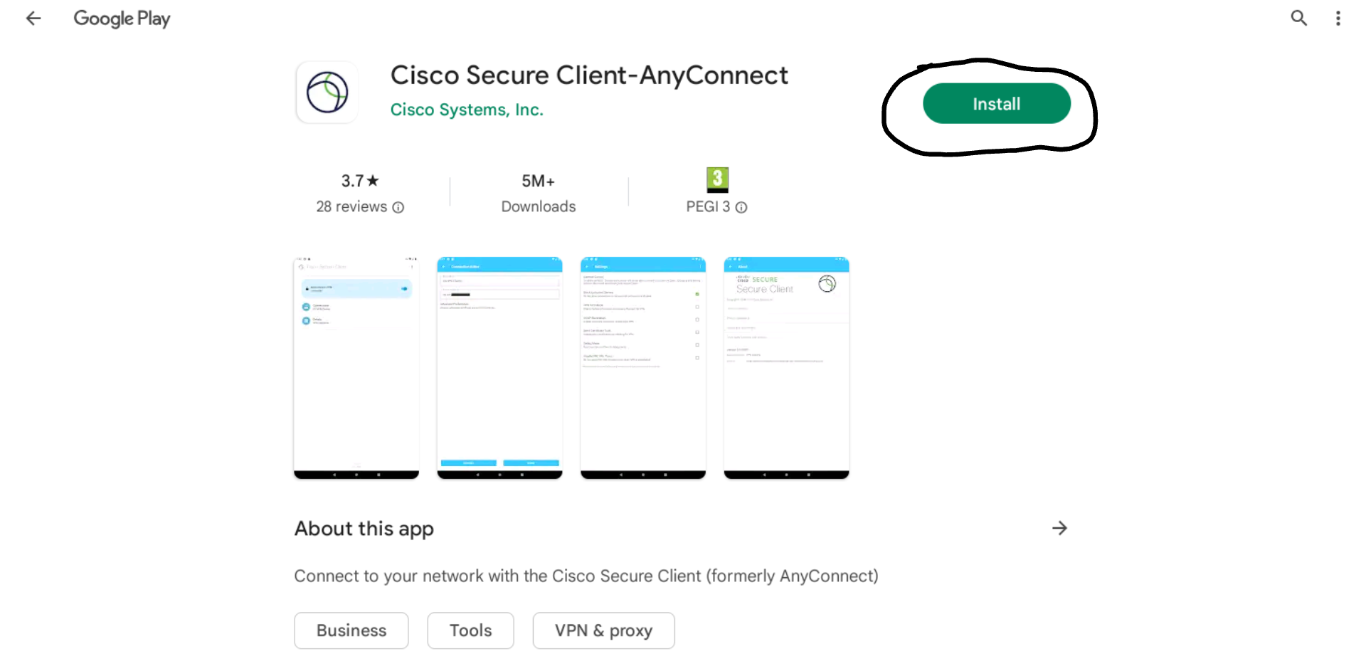 Bilde som viser "Installer"-knapp for AnyConnect i Play Store
