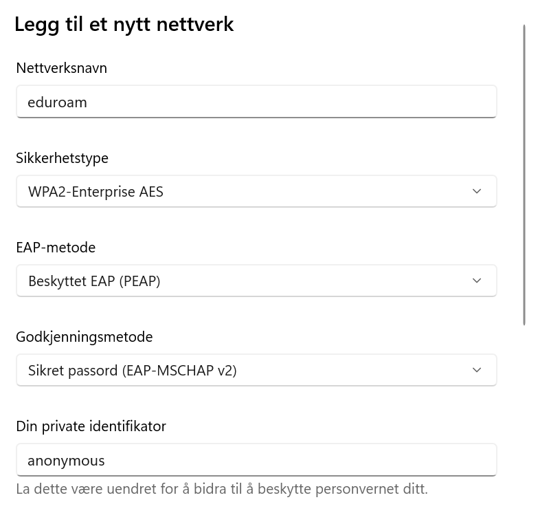 bilde som viser detaljer for å legge til eduroam