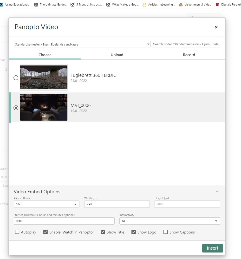 Viser valg av video til publisering i Canvas