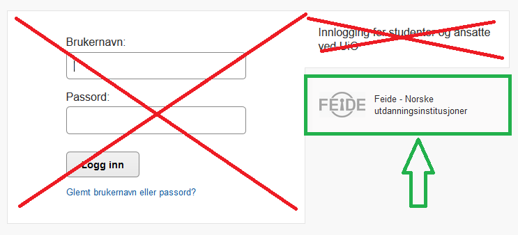 Feide-innlogging fremhevet med grønn ramme.
