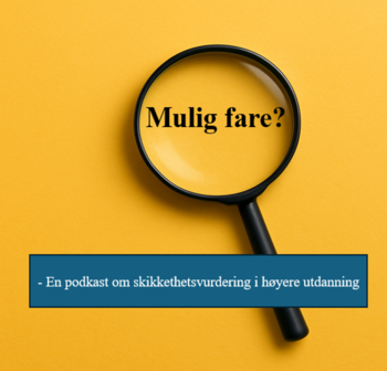 Illustrasjonsbilde for podkast: Et forstørrelsesglass med teksten "mulig fare?" innenfor glasset.